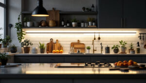 A photograph of a well-lit kitchen or workspace showcasing under-the-counter lighting illuminating countertops or work areas