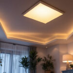 A photograph of a well-designed room showcasing recessed square lighting fixtures