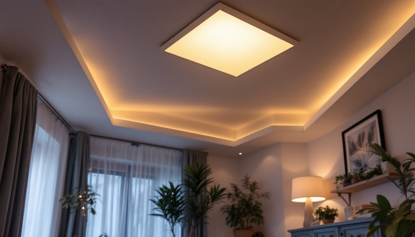 A photograph of a well-designed room showcasing recessed square lighting fixtures