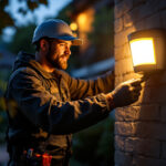 A photograph of a professional electrician installing an outdoor security motion sensor light in a residential setting