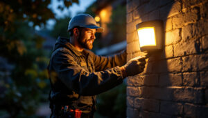 A photograph of a professional electrician installing an outdoor security motion sensor light in a residential setting