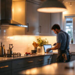 A photograph of a beautifully illuminated kitchen with under-cabinet lighting showcasing the warm glow it provides