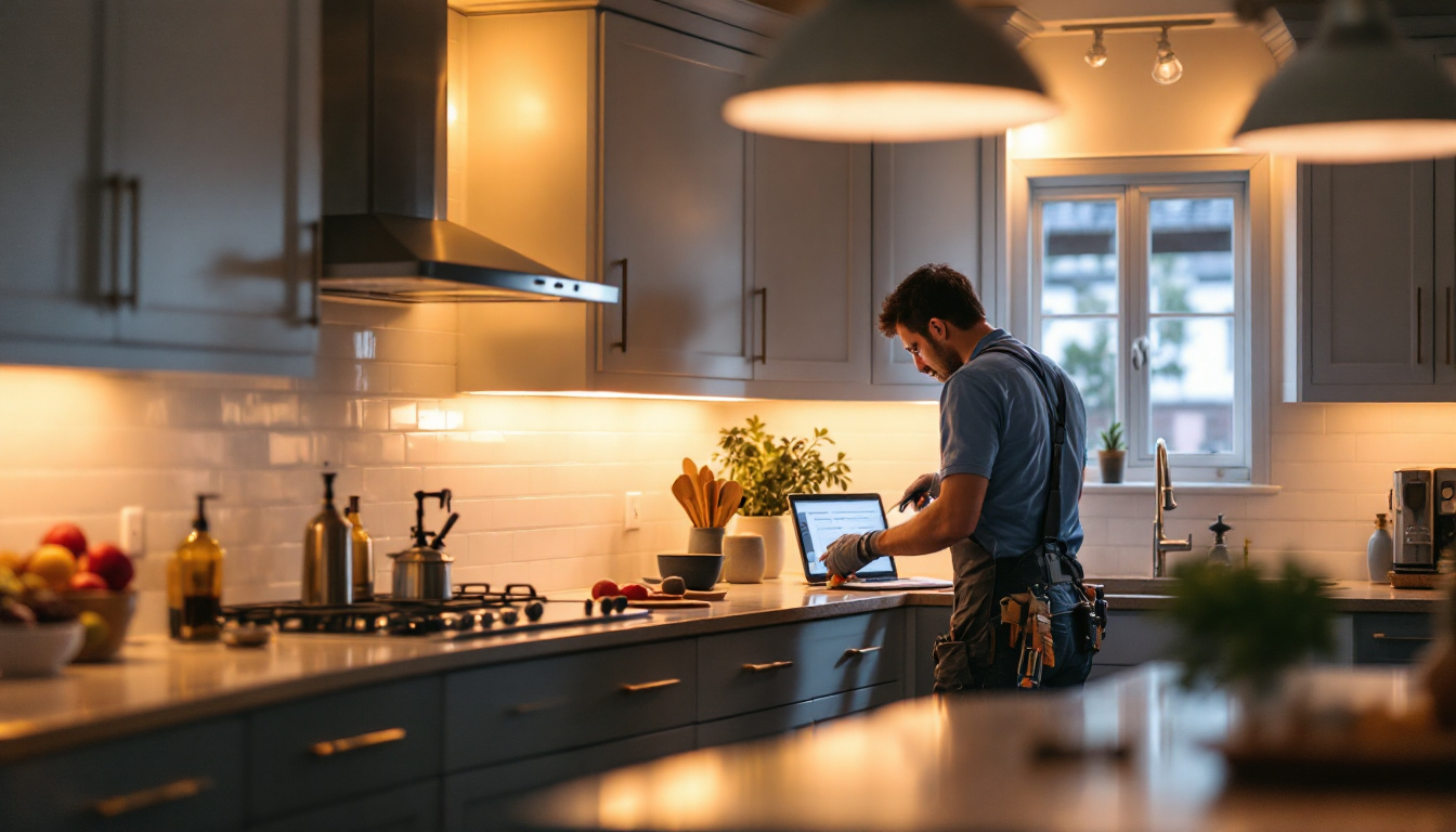 A photograph of a beautifully illuminated kitchen with under-cabinet lighting showcasing the warm glow it provides