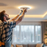A photograph of a lighting contractor installing modern led ceiling lights in a stylish