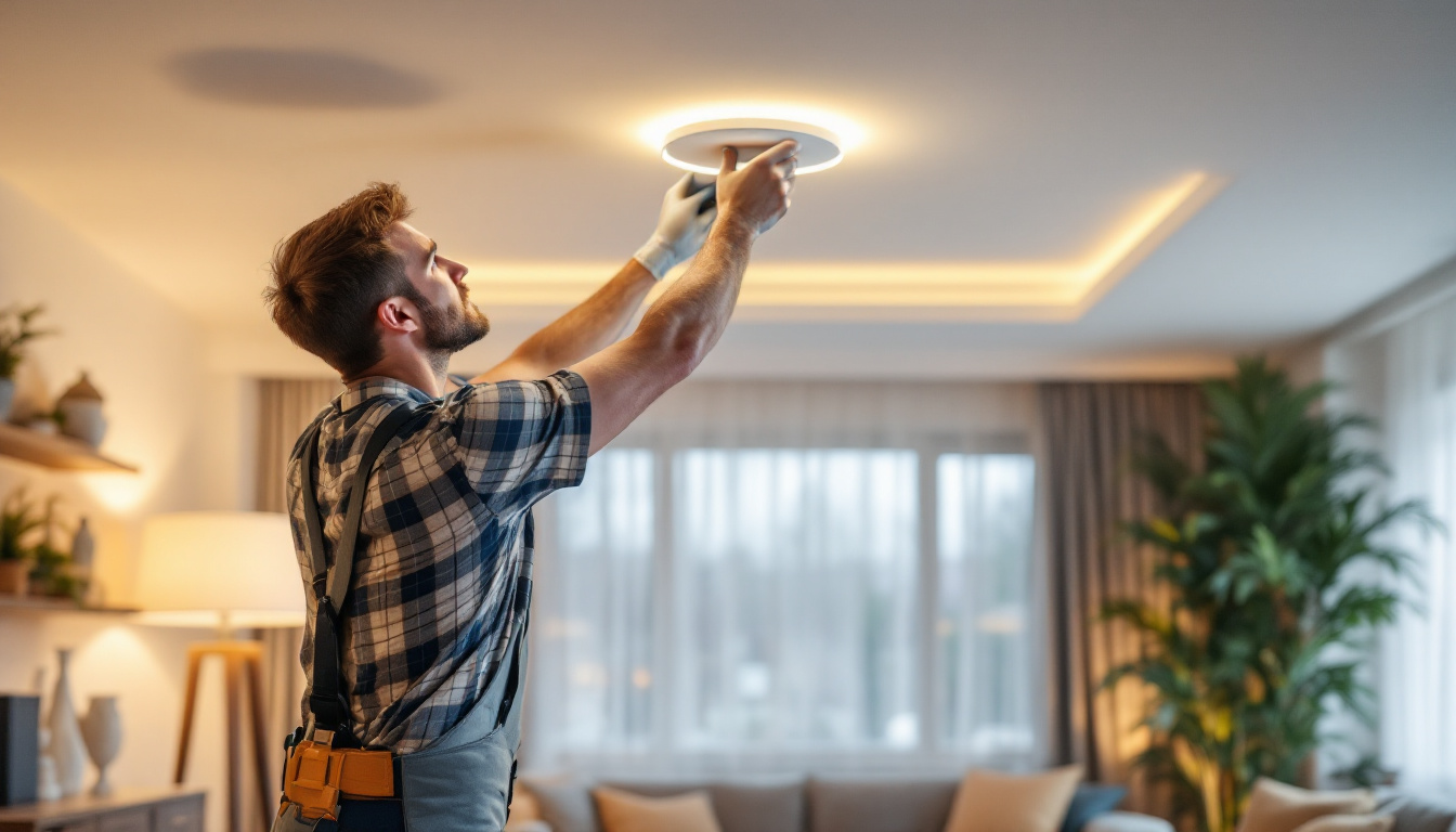 A photograph of a lighting contractor installing modern led ceiling lights in a stylish
