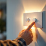 A photograph of a skilled lighting contractor expertly installing or adjusting a stylish light dimmer switch in a modern home setting