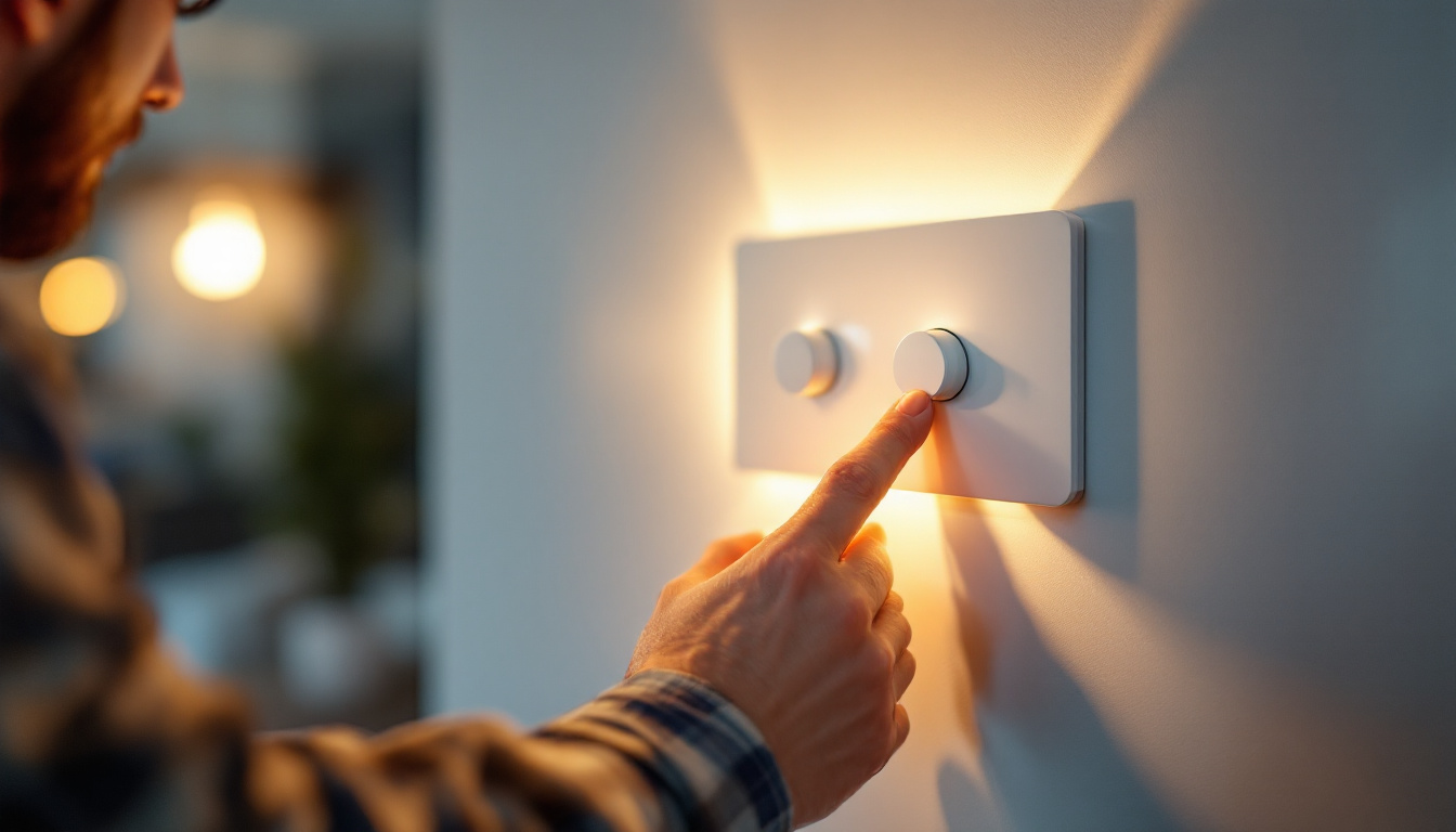 A photograph of a skilled lighting contractor expertly installing or adjusting a stylish light dimmer switch in a modern home setting