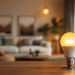 A photograph of a type g light bulb in a cozy home setting