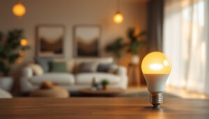 A photograph of a type g light bulb in a cozy home setting