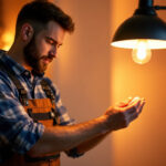 A photograph of a skilled lighting contractor installing led bulbs in a stylish lamp