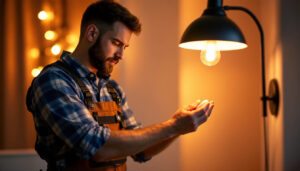 A photograph of a skilled lighting contractor installing led bulbs in a stylish lamp
