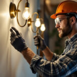 A photograph of a lighting contractor installing wall light covers in a stylish interior setting