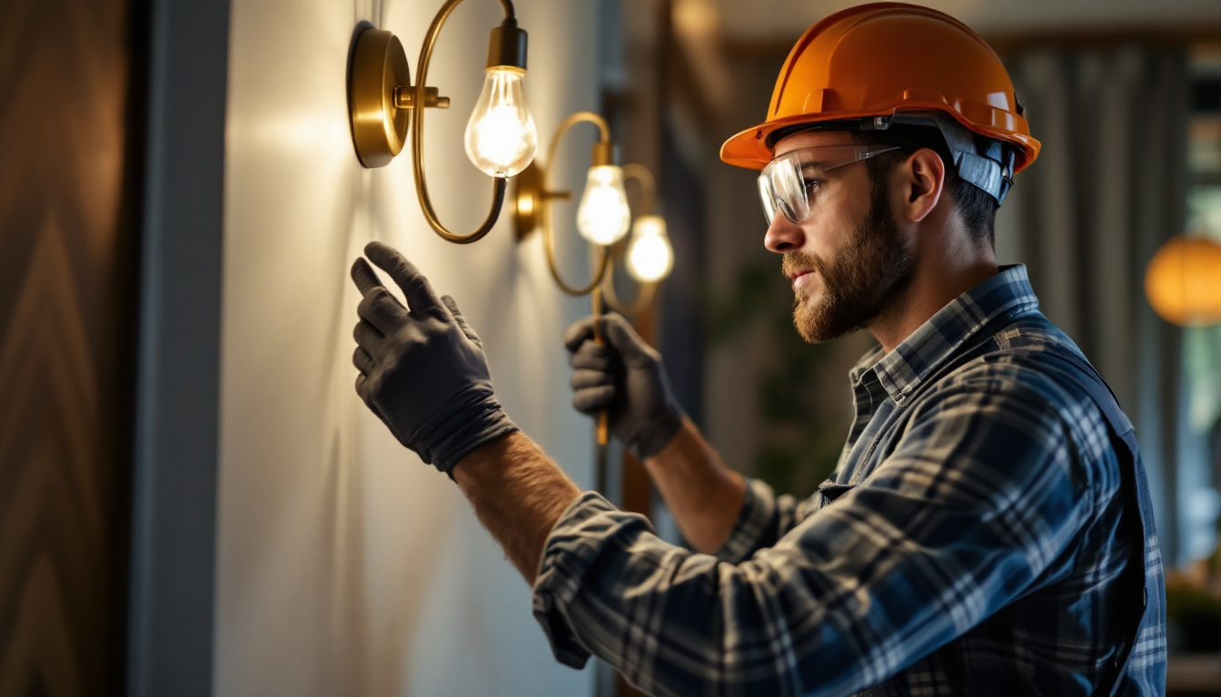 A photograph of a lighting contractor installing wall light covers in a stylish interior setting