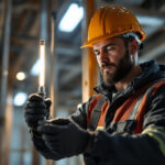 A photograph of a skilled lighting contractor working with an l-shaped connector in a frame structure