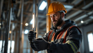 A photograph of a skilled lighting contractor working with an l-shaped connector in a frame structure