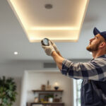 A photograph of a skilled lighting contractor installing recessed lighting in a modern home setting