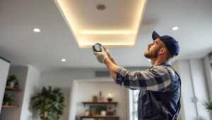 A photograph of a skilled lighting contractor installing recessed lighting in a modern home setting