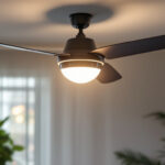 A photograph of a stylish light fixture with an integrated fan installed in a modern living space