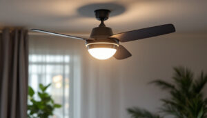 A photograph of a stylish light fixture with an integrated fan installed in a modern living space