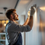 A photograph of a lighting contractor expertly installing push lighting in a modern interior space