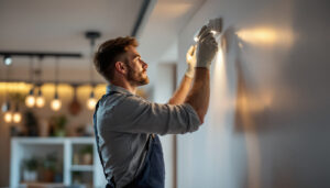 A photograph of a lighting contractor expertly installing push lighting in a modern interior space