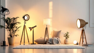 A photograph of a well-lit room showcasing a variety of stylish lamps in different settings