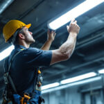 A photograph of a lighting contractor installing led tube lights in a commercial space