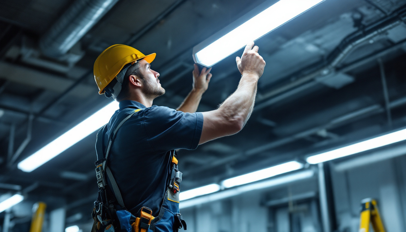 A photograph of a lighting contractor installing led tube lights in a commercial space