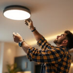 A photograph of a skilled lighting contractor installing a flush mount led light in a modern residential setting