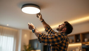 A photograph of a skilled lighting contractor installing a flush mount led light in a modern residential setting