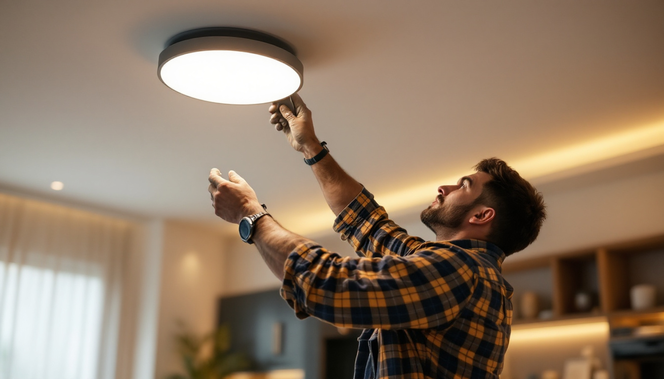 A photograph of a skilled lighting contractor installing a flush mount led light in a modern residential setting