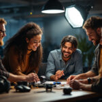 A photograph of a diverse group of team members engaged in an interactive lighting training session