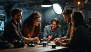 A photograph of a diverse group of team members engaged in an interactive lighting training session