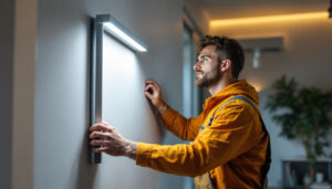A photograph of a skilled lighting contractor installing an innovative led wall mount in a modern interior space