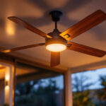 A photograph of a large outdoor ceiling fan installed in a stylish