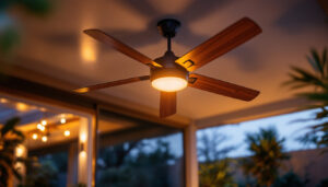 A photograph of a large outdoor ceiling fan installed in a stylish