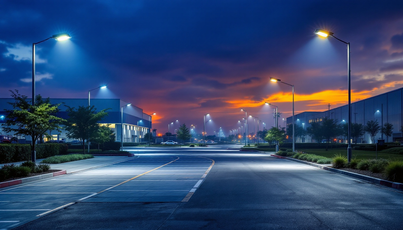 A photograph of a well-lit outdoor commercial site at dusk