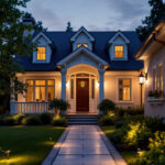 A photograph of a beautifully lit exterior of a house at dusk