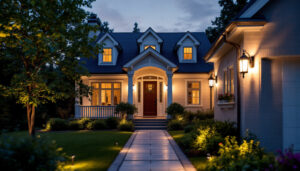 A photograph of a beautifully lit exterior of a house at dusk