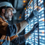 A photograph of a skilled lighting contractor working on an innovative light panel installation