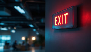 A photograph of a well-lit emergency exit sign with battery backup in a commercial setting