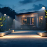 A photograph of a well-lit outdoor space at dusk
