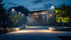 A photograph of a well-lit outdoor space at dusk