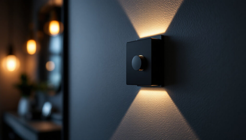 A photograph of a sleek black dimmer switch installed on a modern wall