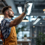 A photograph of a skilled lighting contractor installing t8 led lamps in a modern commercial space