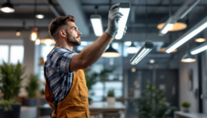 A photograph of a skilled lighting contractor installing t8 led lamps in a modern commercial space