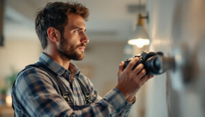 A photograph of a skilled lighting contractor in action
