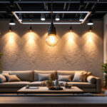 A photograph of a well-lit interior space showcasing various lighting installations