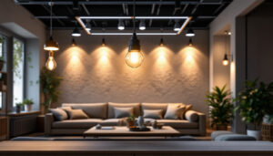 A photograph of a well-lit interior space showcasing various lighting installations
