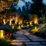 A photograph of a beautifully illuminated garden at dusk